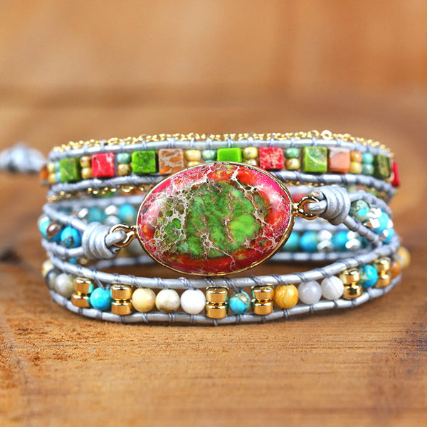 Pulsera Vintage de Cuero Tejido con Cristales Naturales