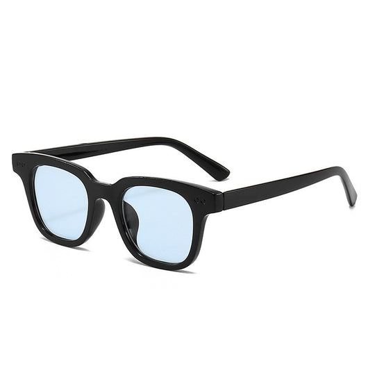 Black frame square sunglasses with light blue lenses, angled on a white background. - Image 2