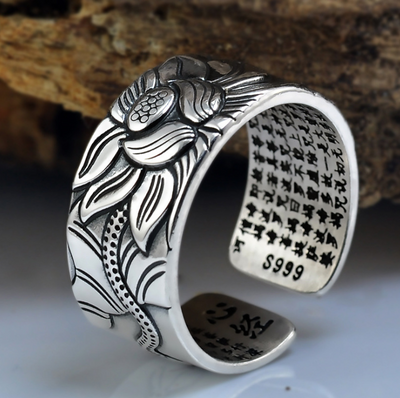 Anillo de Plata Pura S999 Loto Abierto - Diseño Retro Ancho para Hombre - Image 5