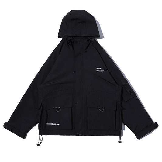 Chaqueta Cargo Impermeable con Capucha y Múltiples Bolsillos