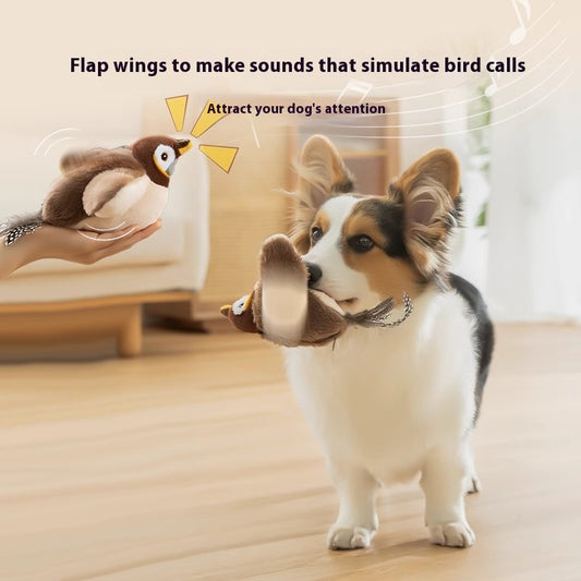 Plush interactive bird toy with brown head, cream body, yellow beak, and spotted feather tail.