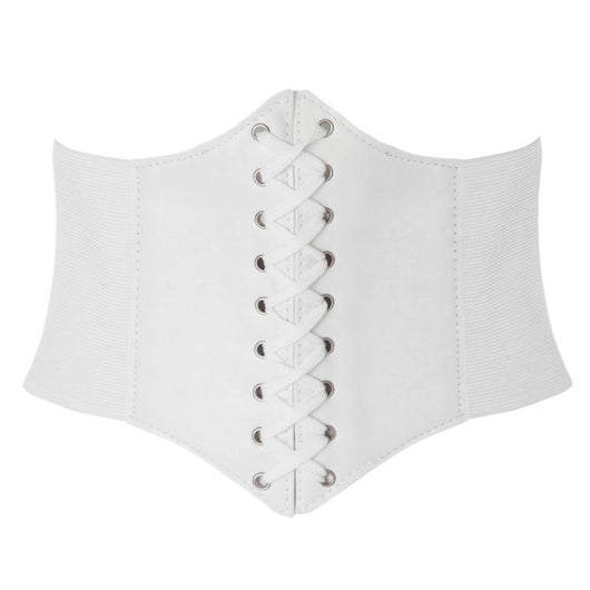 Red wide waist belt with a lace-up front design and elasticated sides, perfect for cinching the waist. - Image 12