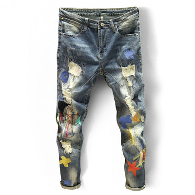 Pantalones Vaqueros Azules Rotos Hombre Marca Tide Parches Estilo Coreano - Image 5