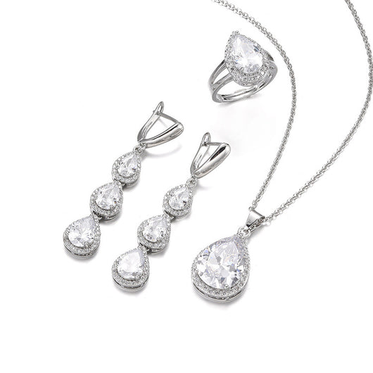 Green pear-shaped gemstone jewelry set with necklace, dangle earrings, ring, and bracelet, all with clear stone accents. - Image 9