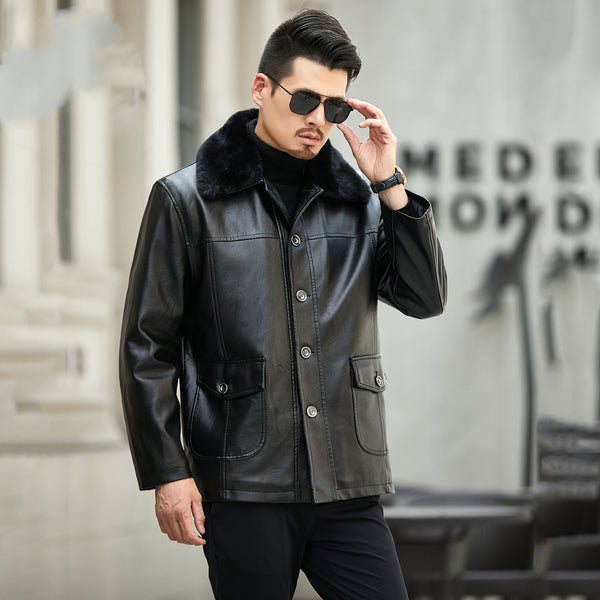 Abrigo de Cuero PU con Cuello de Piel para Hombre Maduro