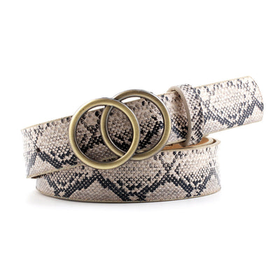 Camel imitation leather women's casual belt with a double round gold-tone buckle and a single belt loop. - Image 9