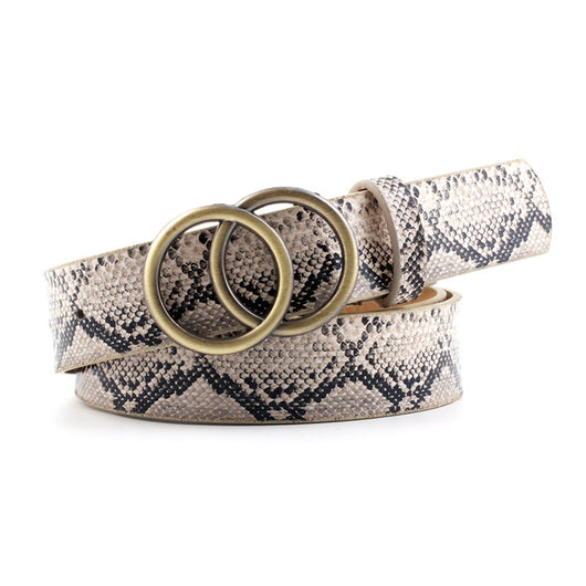 Camel imitation leather women's casual belt with a double round gold-tone buckle and a single belt loop. - Image 9