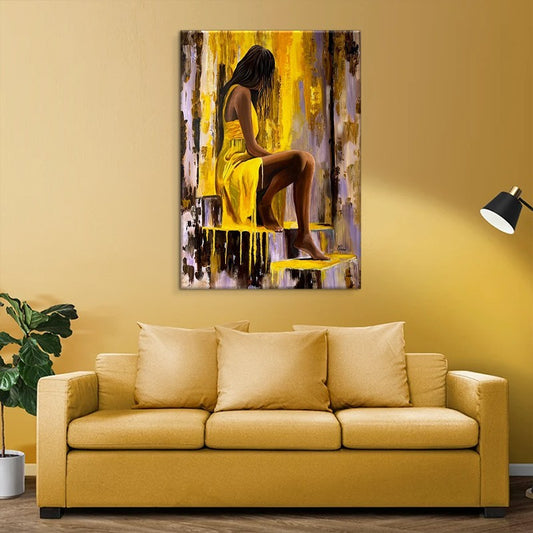 Cuadro Óleo Moderno Pintado a Mano - Chica en Vestido Amarillo para Sala y Dormitorio - Image 2