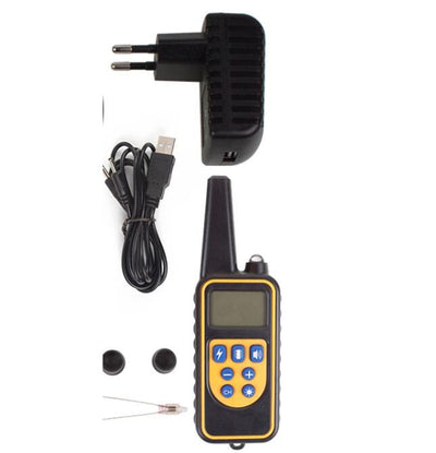 Three electric dog training collars in black, orange, and yellow with receivers, alongside a black and yellow remote control. - Image 23