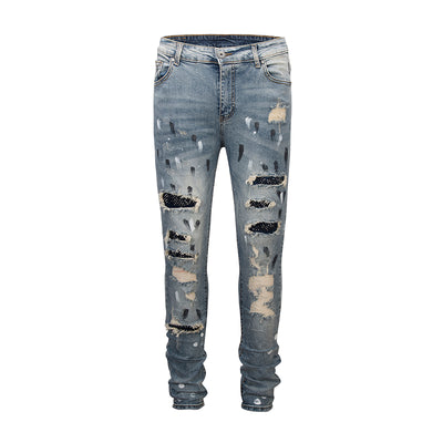 Jeans Slim Fit Azul con Parches de Lentejuelas y Detalles Rotos - Image 4