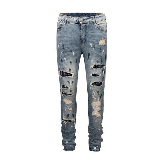 Jeans Slim Fit Azul con Parches de Lentejuelas y Detalles Rotos - Image 4