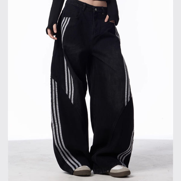 Pantalones Jeans Anchos Efecto Vintage con Costuras a Rayas para Mujer