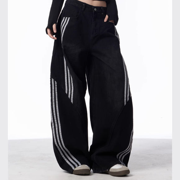 Pantalones Jeans Anchos Efecto Vintage con Costuras a Rayas para Mujer