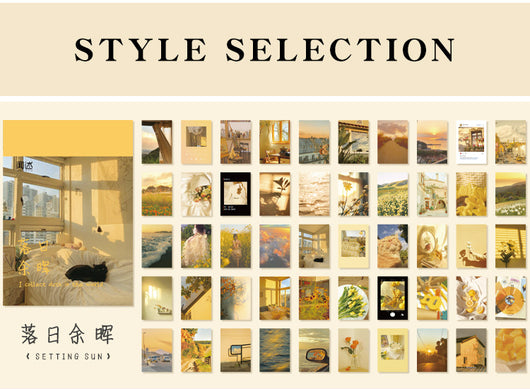 Set of 50 retro style decorative stickers featuring various purple and pink themed landscapes, skies, and abstract designs. - Image 45