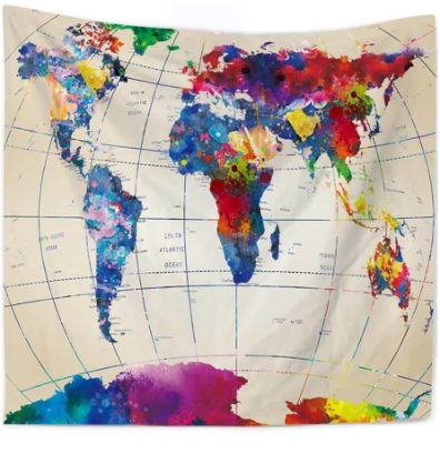 Colorful abstract world map tapestry with meridian lines and ocean labels, featuring a vibrant paint splatter design.