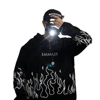 Sudadera Oversized Hip-Hop Retro con Estampado de Llamas y Forro Polar - Image 2