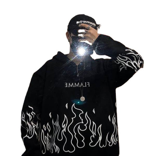 Sudadera Oversized Hip-Hop Retro con Estampado de Llamas y Forro Polar - Image 2