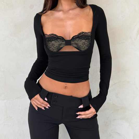 Blusa Larga con Panel de Encaje y Efecto Dos Piezas para Mujer