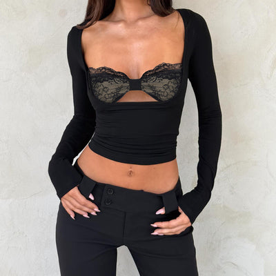 Blusa Larga con Panel de Encaje y Efecto Dos Piezas para Mujer