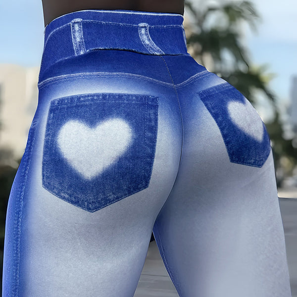 Pantalones de Yoga Slim Fit en Denim con Estampa Compasión y Bolsillo para Mujer
