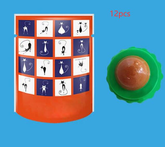 Two pet cat energy ball lick toys with catnip, one with a green base and orange pouch, the other with a blue base and black pouch. - Image 18
