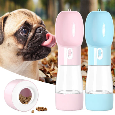 White and clear portable dog water dispenser with a built-in bowl and transparent water reservoir.