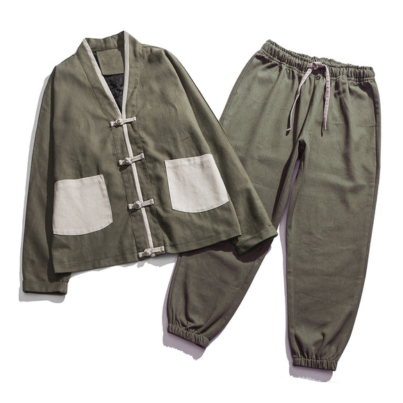 Conjunto Kimono Hanfu Retrô Masculino - Jaqueta com Fivela Estilo Outono + Calça Casual Tamanho Grande