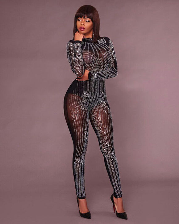 Jumpsuit de Malla Manga Larga Cuello Redondo