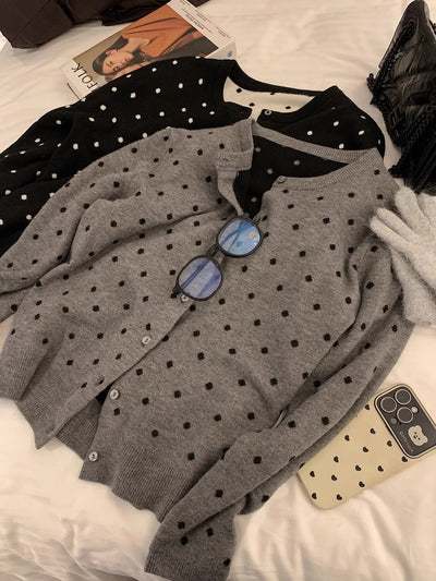 Cardigan Tejido Gris con Lunares Estilo Coreano - Manga Larga Otoño - Image 16