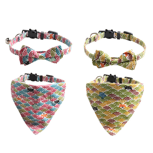 Collar para Gato Estilo Japonés con Patrón de Hierba y Moño Desmontable