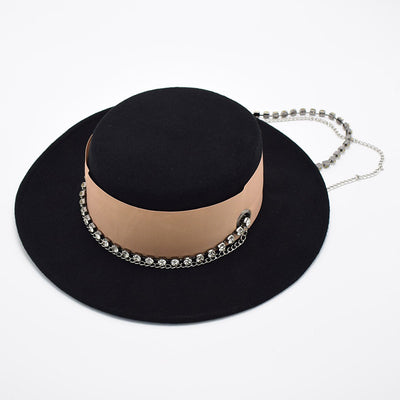 Sombrero de Fieltro para Mujer con Ala Ancha y Cadena de Perlas - Image 2
