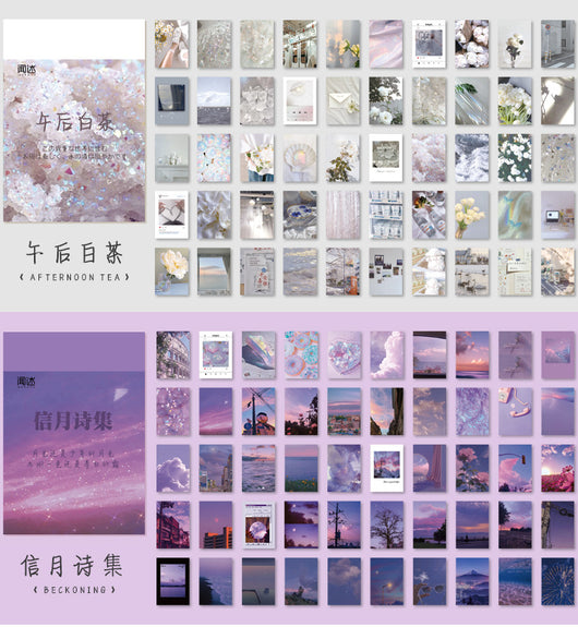 Set of 50 retro style decorative stickers featuring various purple and pink themed landscapes, skies, and abstract designs. - Image 39