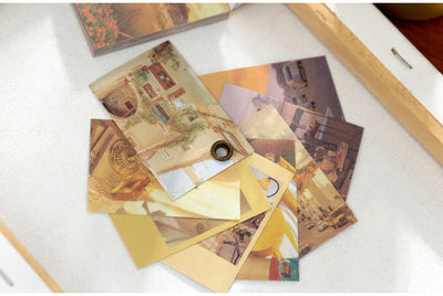Set of 50 retro style decorative stickers featuring various purple and pink themed landscapes, skies, and abstract designs. - Image 28