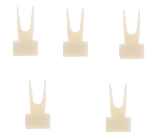 White plastic bird fruit fork clipped onto blue birdcage bars, designed to hold fruit or vegetables for pet birds. - Image 15