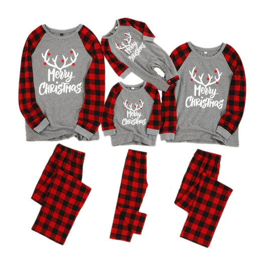 Family Christmas pajama set with grey long-sleeve tops featuring "Merry Christmas" and reindeer antlers, paired with red and black buffalo plaid pants. - Image 4