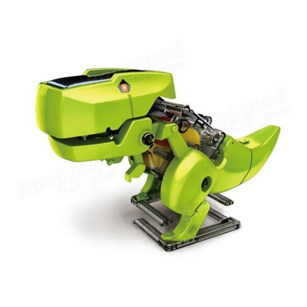 Lime green solar-powered robot toy assembled into a dinosaur (T-Rex) with visible gears and a solar panel.