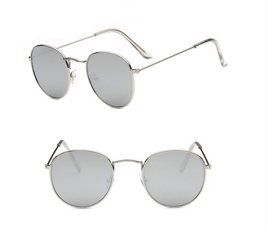 Two pairs of round gold-frame sunglasses, one with mirrored orange lenses and one with solid red lenses. - Image 12
