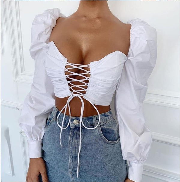 Blusa Manga Larga con Escote en V y Tiras Ajustables
