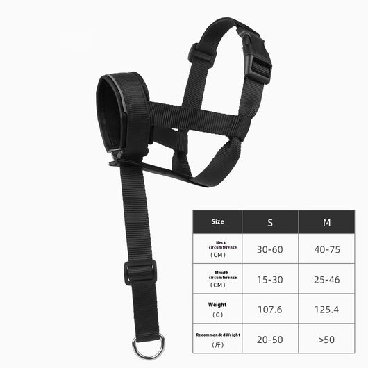Black and brown leather and nylon dog muzzle with adjustable straps and a D-ring, shown with a size chart. - Image 6