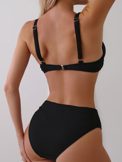 Women's neon green ribbed two-piece swimsuit with a twisted front bikini top and high-waisted bottoms. - Image 16