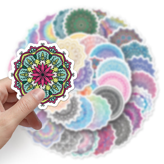 Set of 50 colorful mandala and retro graffiti stickers with intricate patterns for phone cases and luggage. - Image 2