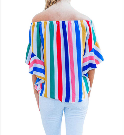 Blusa de Verano Elegante con Cuello Tubo y Mangas Trompeta a Rayas - Image 5