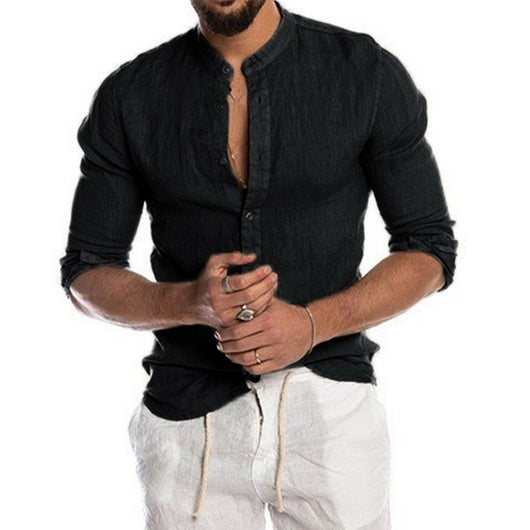 Camisa de Lino con Cuello Solapa y Combinación de Colores para Hombre - Image 10