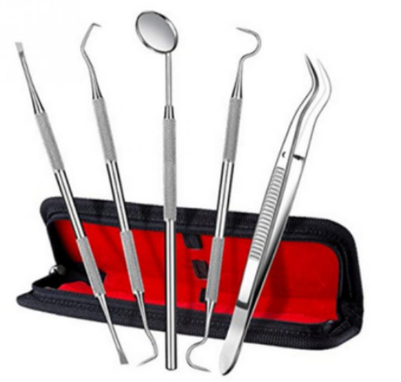 Kit de 5 Herramientas Dentales Profesionales Acero Inoxidable - Raspador, Espejo y Explorador