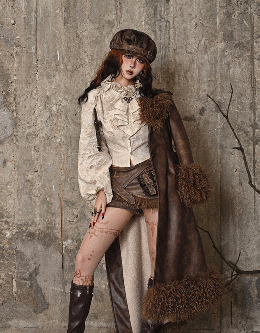 Camisa Steampunk de Algodón y Lino con Cuello Alzado y Volantes Desgastados - Image 12
