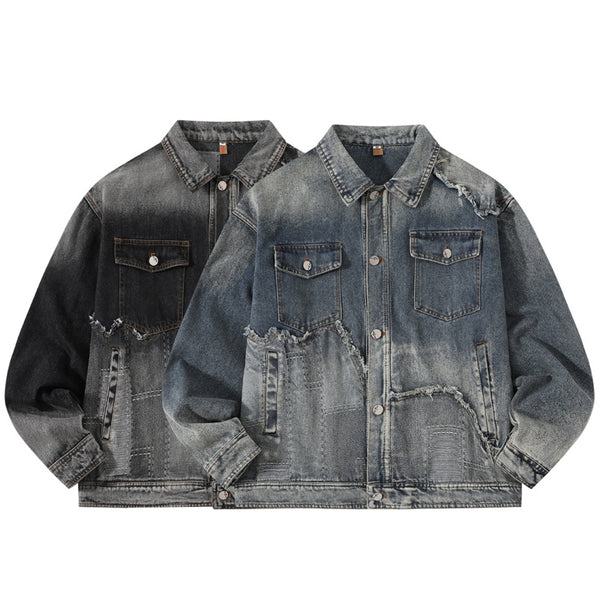 Chaqueta Denim Vintage Destruida Estilo Retro Americano