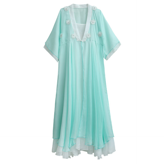 Hanfu Retro Cuello V con Flores 3D y Combinación de Colores - Image 2