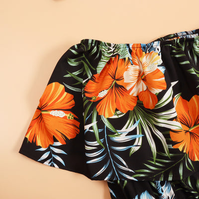 Family matching Hawaiian outfits: men's shirt and shorts, women's off-shoulder maxi dress, girl's dress, boy's shirt and shorts, all with black, orange hibiscus - Image 14