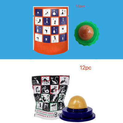 Two pet cat energy ball lick toys with catnip, one with a green base and orange pouch, the other with a blue base and black pouch. - Image 22