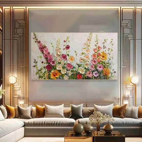 Cuadro Óleo Abstracto Flores Silvestres - Pintura Artesanal con Técnica de Espátula Dorada